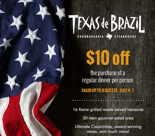 Texas de Brazil Coupon April 2024 $10 off dinner at Texas de Brazil steakhouse restaurants