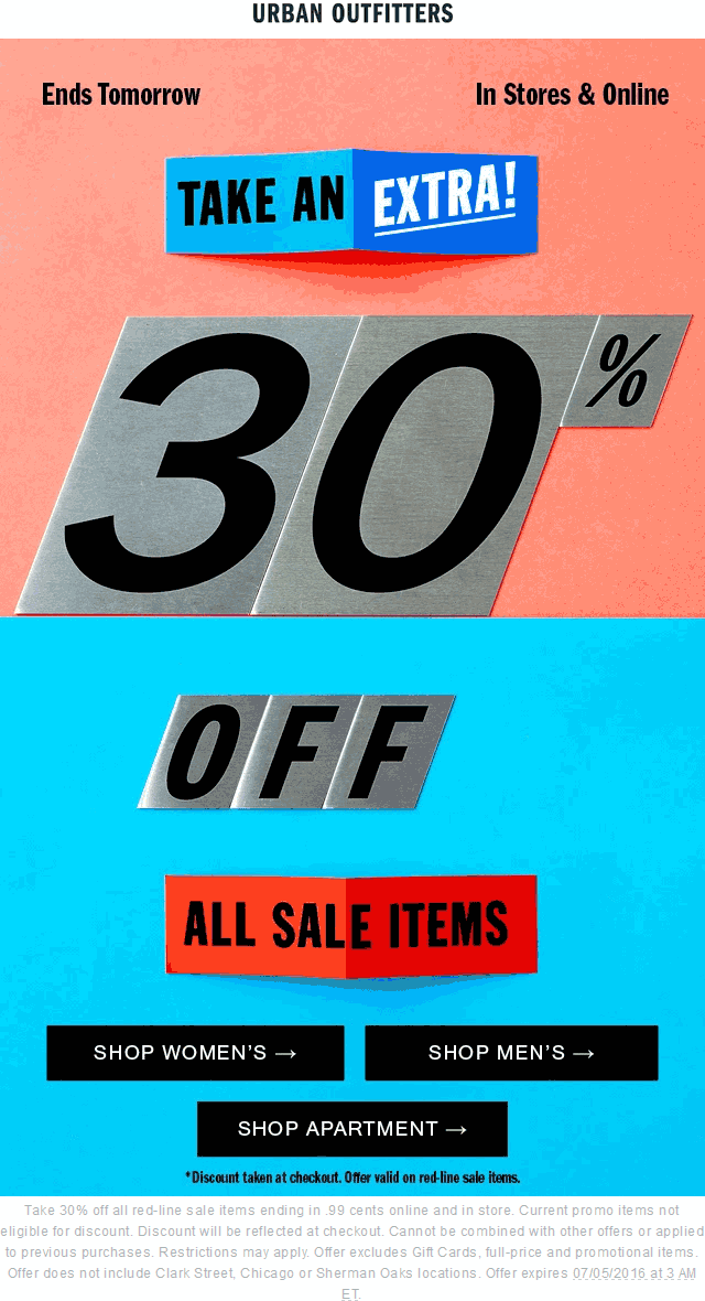 Urban Outfitters Coupon April 2024 Extra 30% off sale items today at Urban Outfitters, ditto online