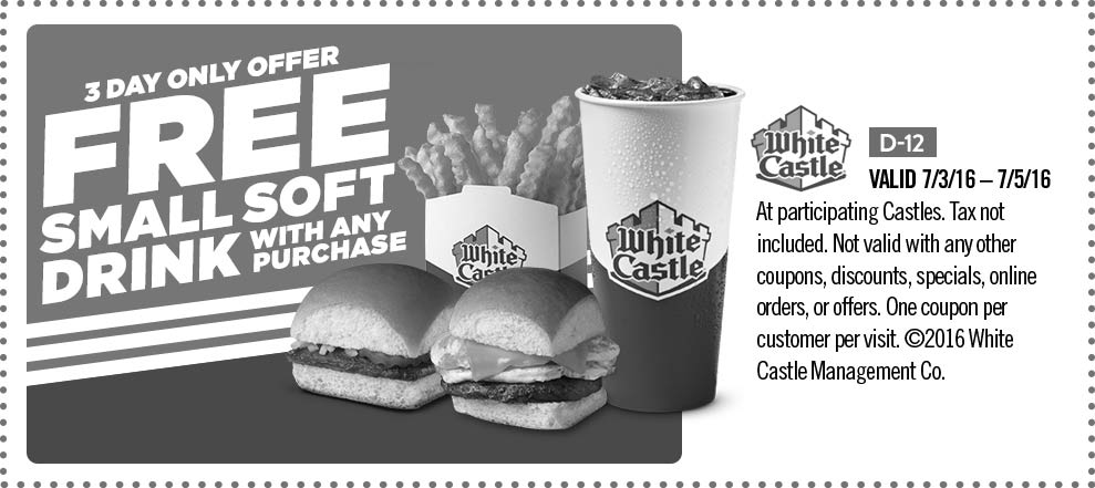 White Castle Coupon April 2024 Free drink with any order at White Castle restaurants
