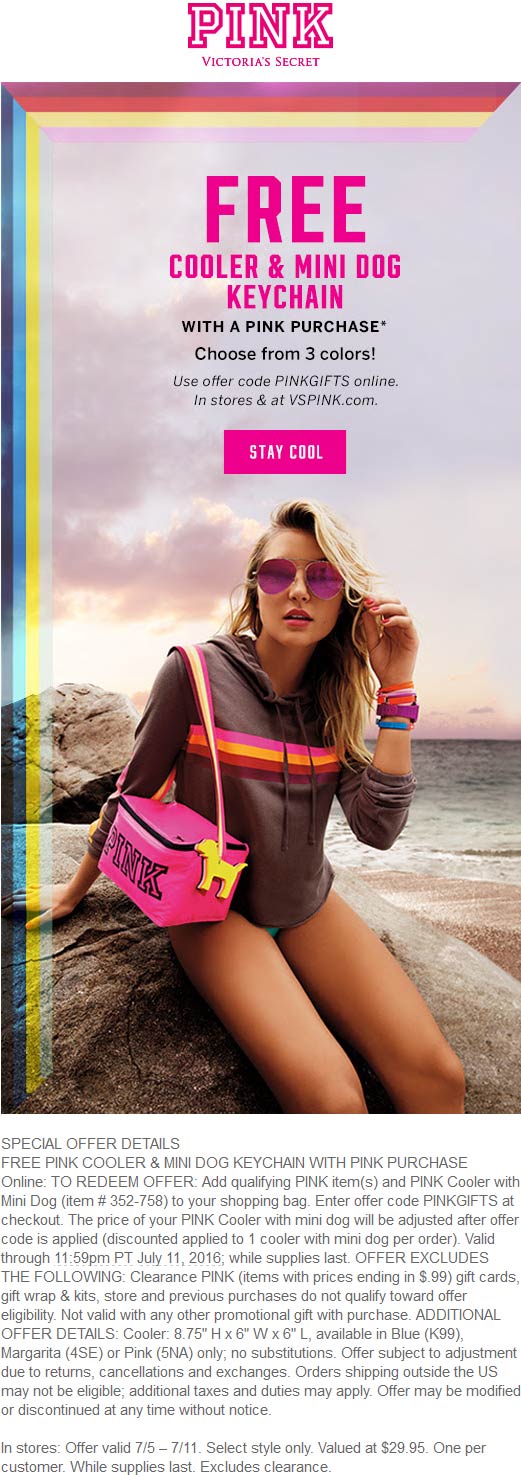 Victorias Secret Coupon April 2024 Free cooler with any pink purchase at Victorias Secret, or online via promo code PINKGIFTS