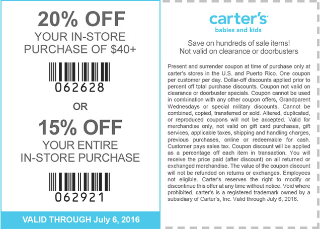 Carters Coupon March 2024 15-20% off today at Carters