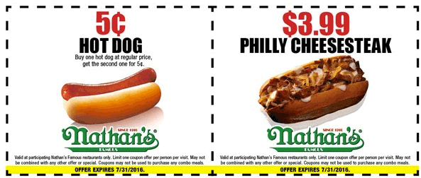 Nathans Famous Coupon April 2024 5 cent hot dog at Nathans Famous