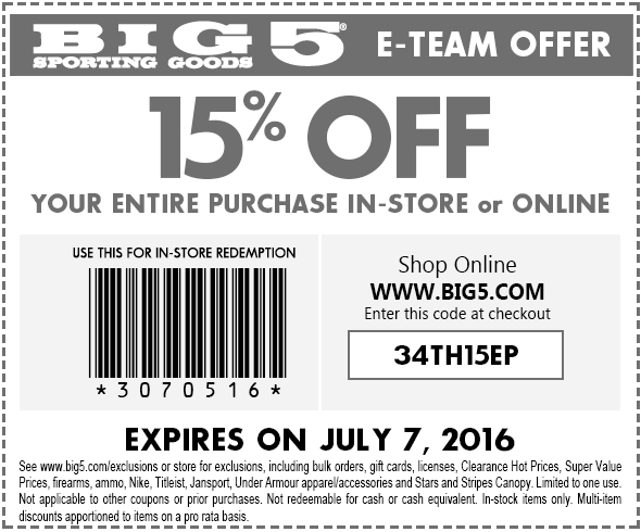 Big 5 Coupon April 2024 15% off today at Big 5 sporting goods, or online via promo code 34TH15EP