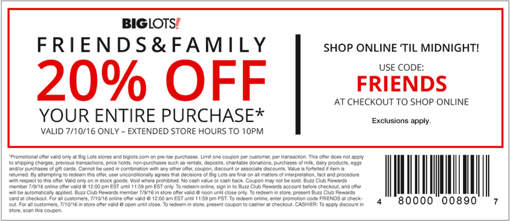 Big Lots Coupon April 2024 20% off everything Sunday at Big Lots, or online via promo code FRIENDS
