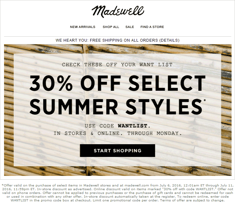 Madewell Coupon April 2024 30% off summer styles at Madewell, or online via promo code WANTLIST