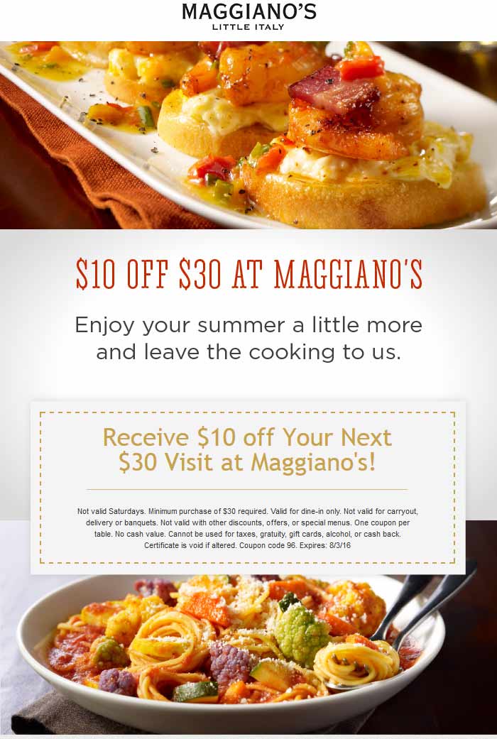 Maggianos Little Italy Coupon March 2024 $10 off $30 at Maggianos Little Italy restaurants