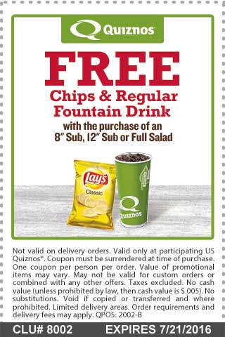 Quiznos Coupon April 2024 Free chips & drink with your sandwich at Quiznos