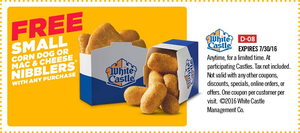 White Castle Coupon April 2024 Free corn dog or mac & cheese nibblers at White Castle