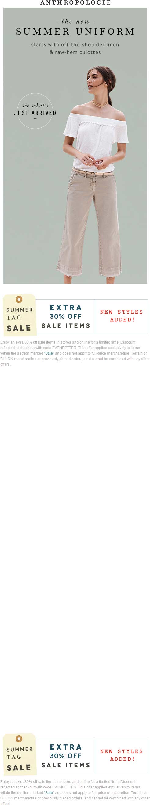Anthropologie Coupon March 2024 Extra 30% off sale items at Anthropologie, or online via promo code EVENBETTER