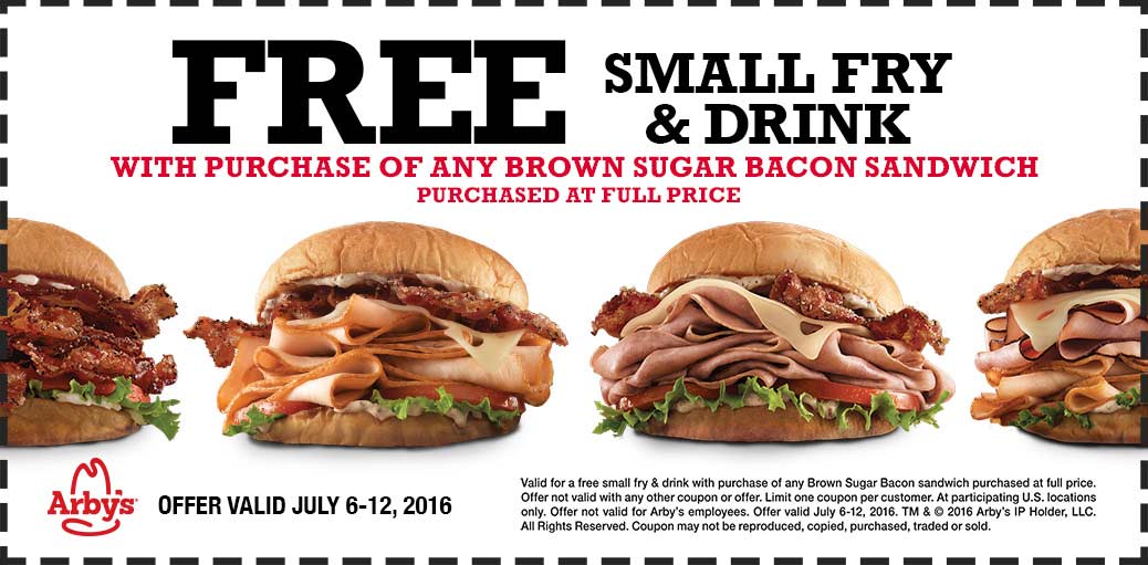 Arbys Coupon April 2024 Free fries & drink with your bacon sandwich at Arbys