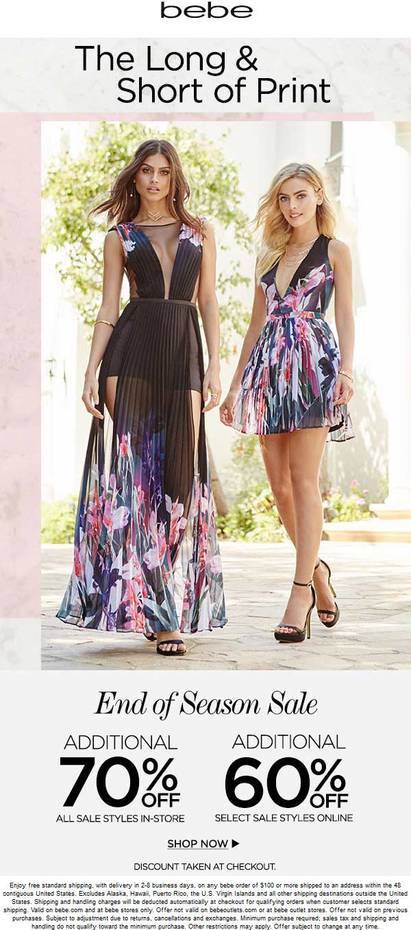 Bebe Coupon April 2024 Extra 70% off sale items at bebe, or 60% online