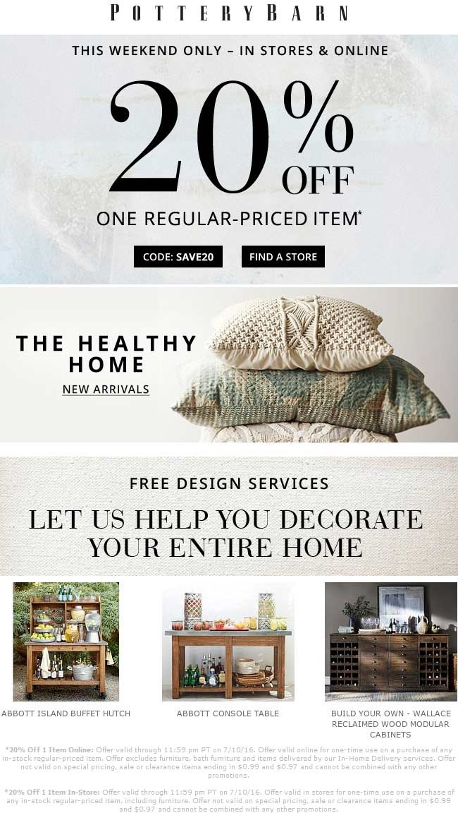 Pottery Barn Coupon April 2024 20% off a single item at Pottery Barn, or online via promo code SAVE20