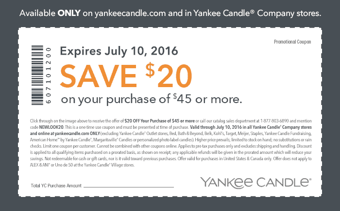 Yankee Candle Coupon April 2024 $20 off $45 at Yankee Candle, or online via promo code NEWLOOK20