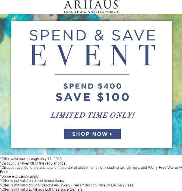Arhaus Coupon May 2024 $100 off $400 at Arhaus furniture, ditto online