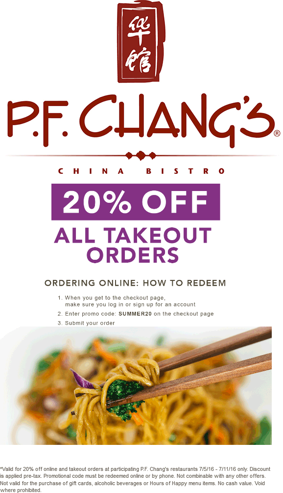 P.F. Changs Coupon April 2024 20% off online at P.F. Changs restaurants via promo code SUMMER20