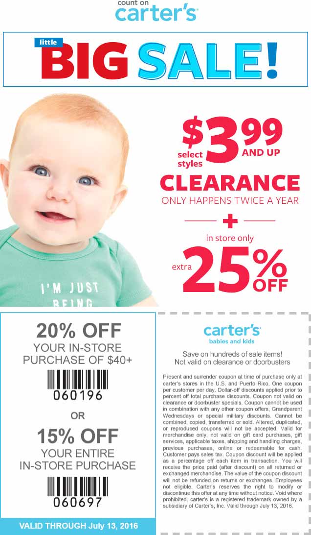 Carters Coupon March 2024 25% off & more at Carters, or online via promo code CART0716