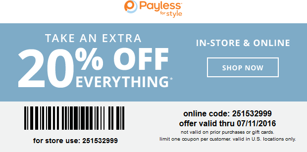 Payless Shoesource Coupon April 2024 20% off today at Payless Shoesource, or online via promo code 251532999