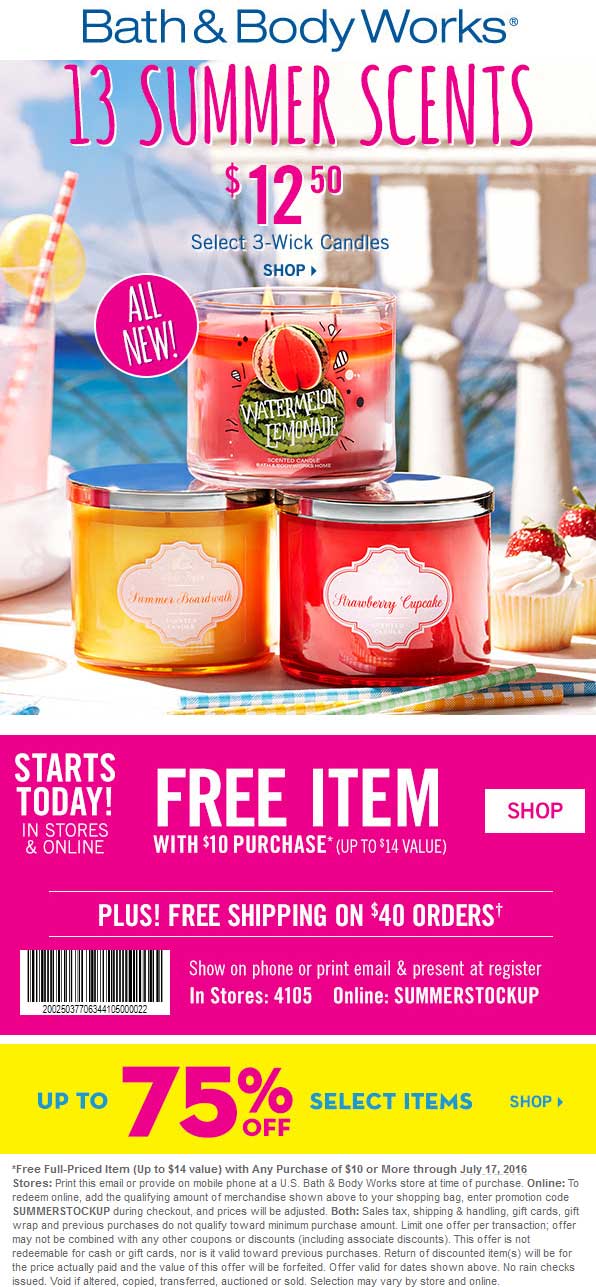 Bath & Body Works Coupon April 2024 $14 item free with $10 spent at Bath & Body Works, or online via promo code SUMMERSTOCKUP