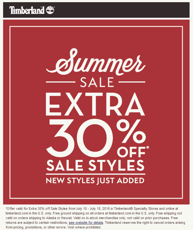 Timberland Coupon April 2024 Extra 30% off sale items at Timberland, ditto online