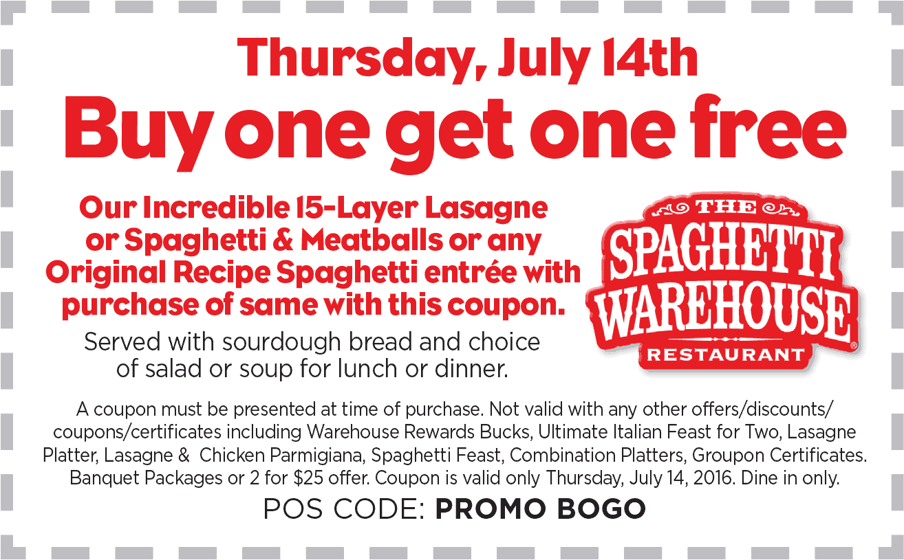 Spaghetti Warehouse Coupon April 2024 Second lasagna or spaghetti & meatballs free Thursday at Spaghetti Warehouse restaurants