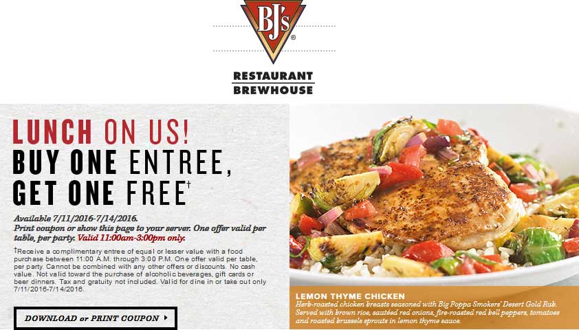 BJs Restaurant Coupon April 2024 Second lunch entree free today at BJs Restaurant & brewhouse