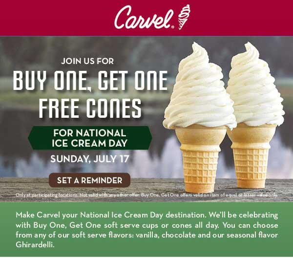 Carvel Coupon April 2024 Second ice cream cone free Sunday at Carvel