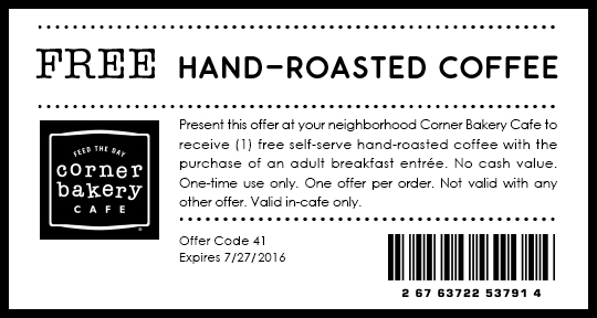 Corner Bakery Cafe Coupon April 2024 Free coffee with your entree at Corner Bakery Cafe