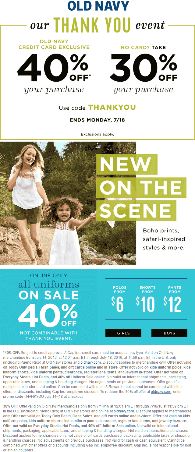 Old Navy Coupon April 2024 30% off at Old Navy, or online via promo code THANKYOU