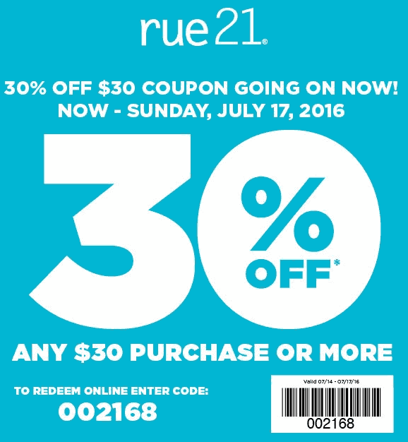Rue21 Coupon April 2024 30% off $30 at rue21, or online via promo code 002168