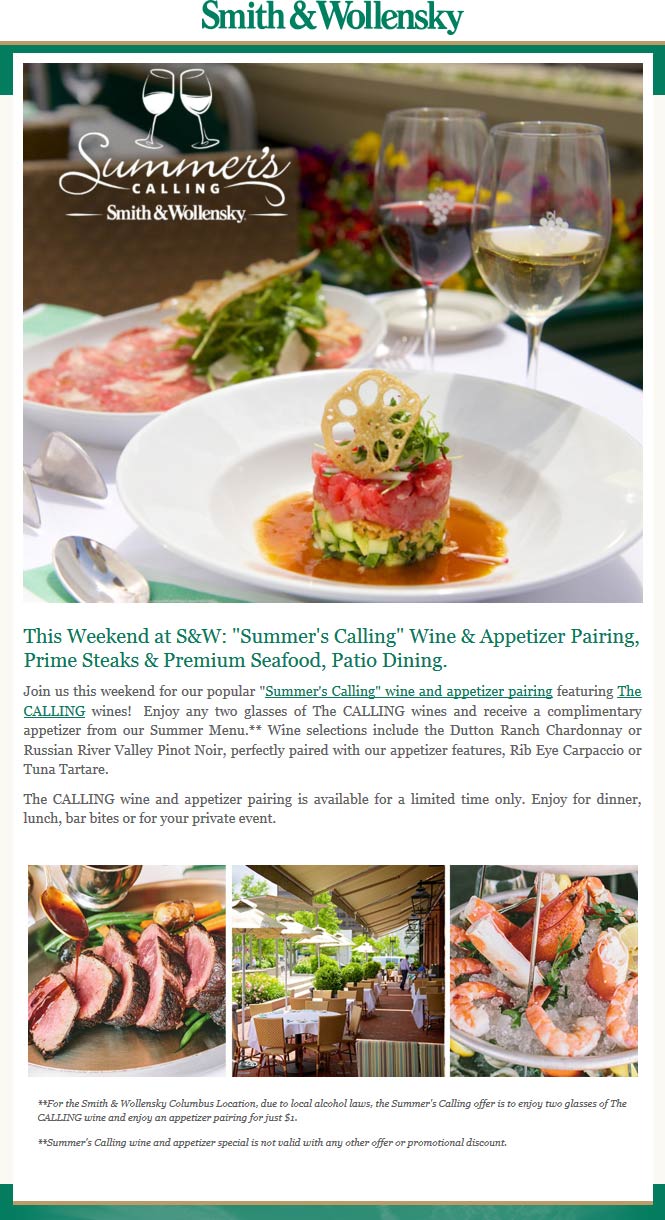 Smith & Wollensky Coupon April 2024 Free appetizer with your glasses of wine at Smith & Wollensky steakhouse