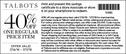 Talbots Coupon April 2024 40% off a single item at Talbots, or online via promo code JULY40