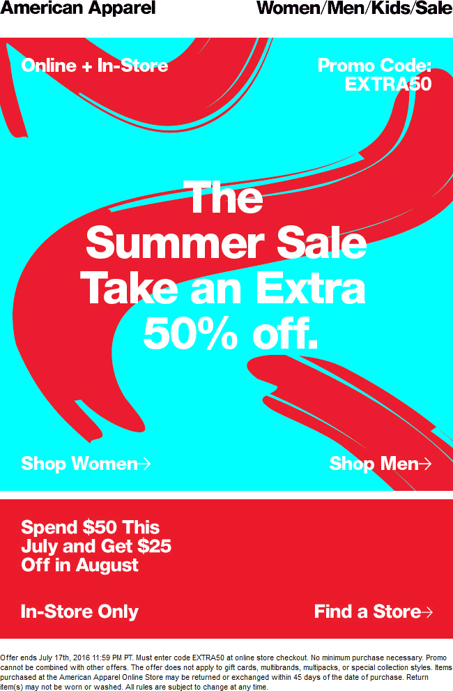 American Apparel Coupon April 2024 Extra 50% off at American Apparel, or online via promo code EXTRA50