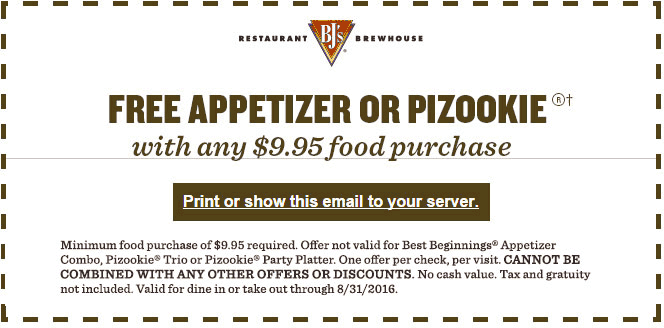 BJs Restaurant Coupon April 2024 Free appetizer with $10 spent at BJs Restaurant