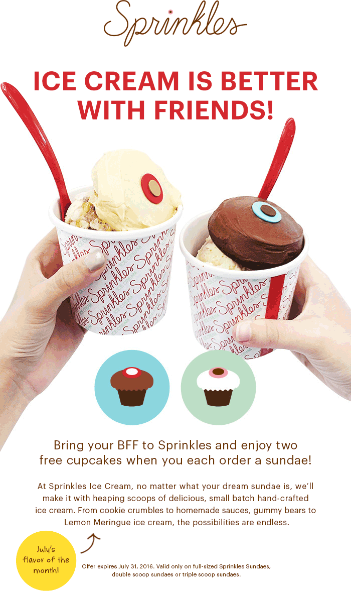 Sprinkles Coupon April 2024 2 free cupcakes with your ice cream sundaes at Sprinkles