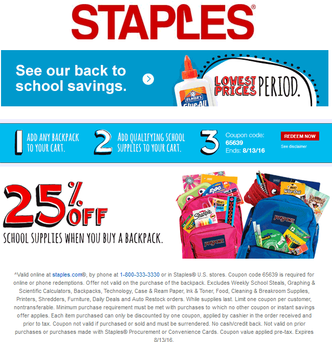 Staples Coupon March 2024 25% off school supplies with your backpack at Staples, or online via promo code 65639