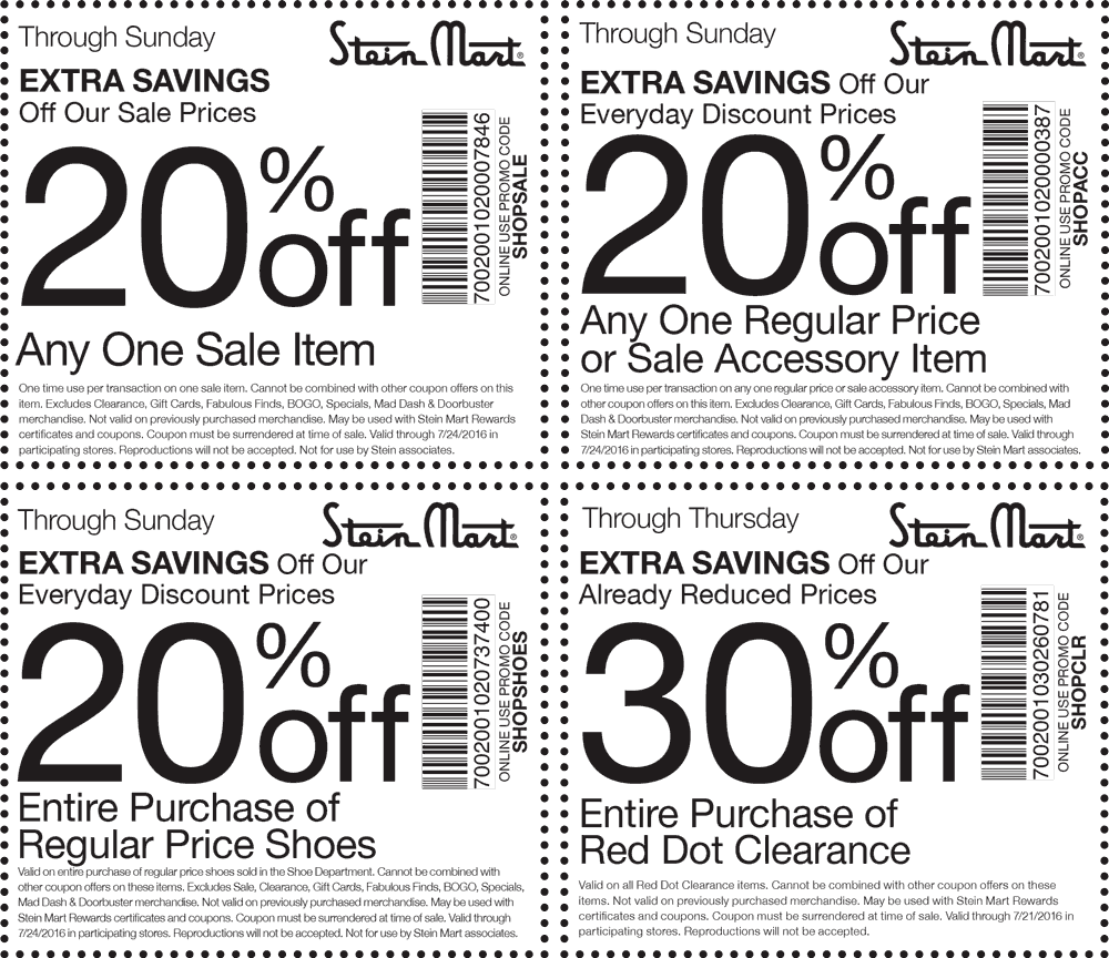 Stein Mart Coupon April 2024 Extra 20% off a sale item & more at Stein Mart, or online via promo code SHOPSALE