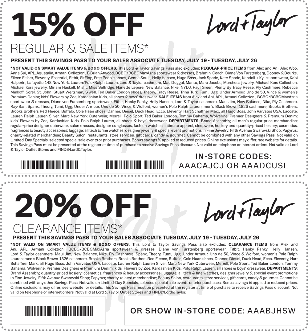 Lord & Taylor Coupon April 2024 Extra 15% off regular and sale & 20% off clearance at Lord & Taylor