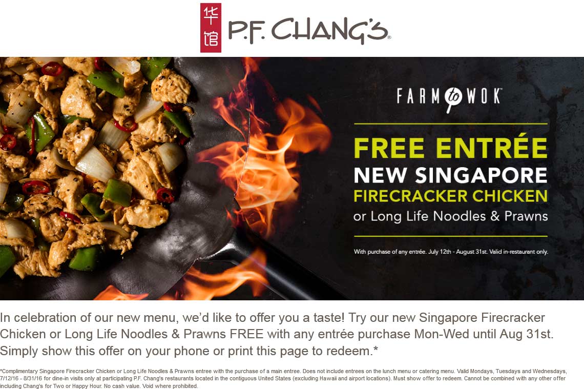 P.F. Changs Coupon March 2024 Second entree free at P.F. Changs