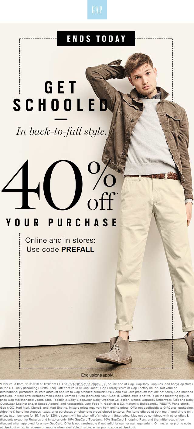 Gap Coupon April 2024 40% off today at Gap, GapBody, GapKids, and babyGap stores, or online via promo code PREFALL
