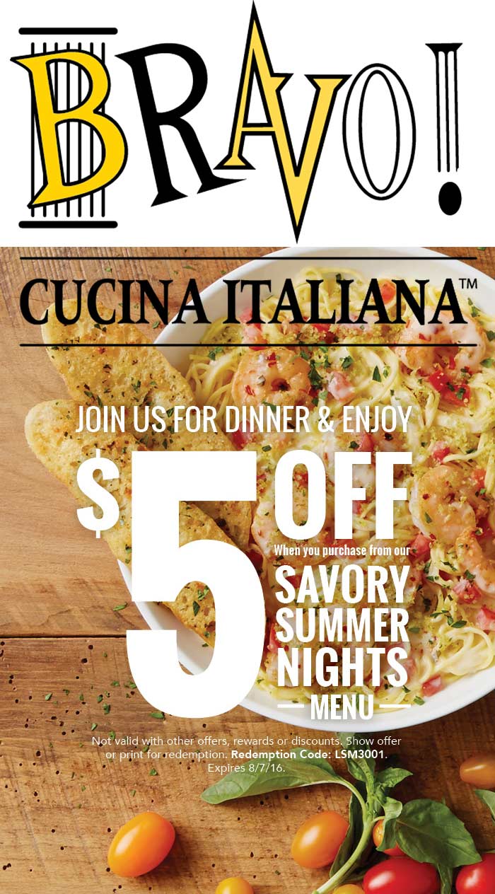Bravo Coupon April 2024 $5 off summer nights menu at Bravo Cucina Italiana restaurants