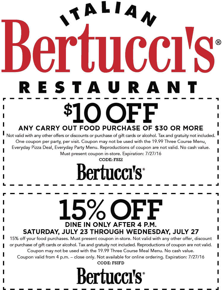 Bertuccis Coupon April 2024 15% off dinner & $10 off carryout at Bertuccis restaurants