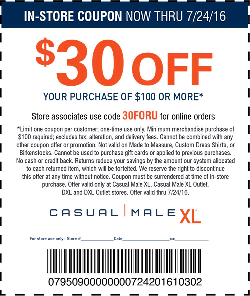 Casual Male XL Coupon April 2024 $30 off $100 at Casual Male XL, or online via promo code 30FORU