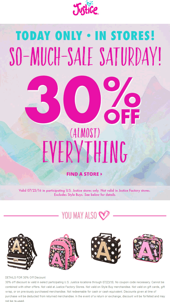 Justice Coupon April 2024 30% off everything today at Justice