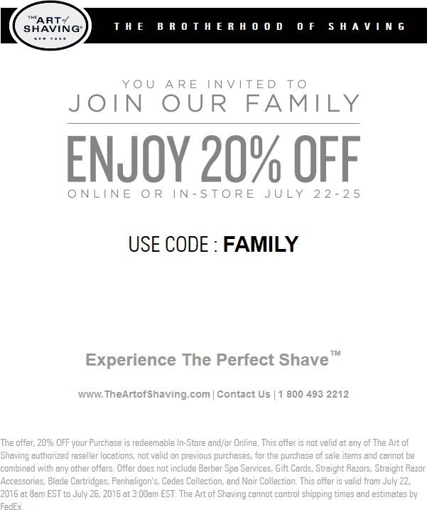 The Art Of Shaving Coupon April 2024 20% off at The Art of Shaving, or online via promo code FAMILY