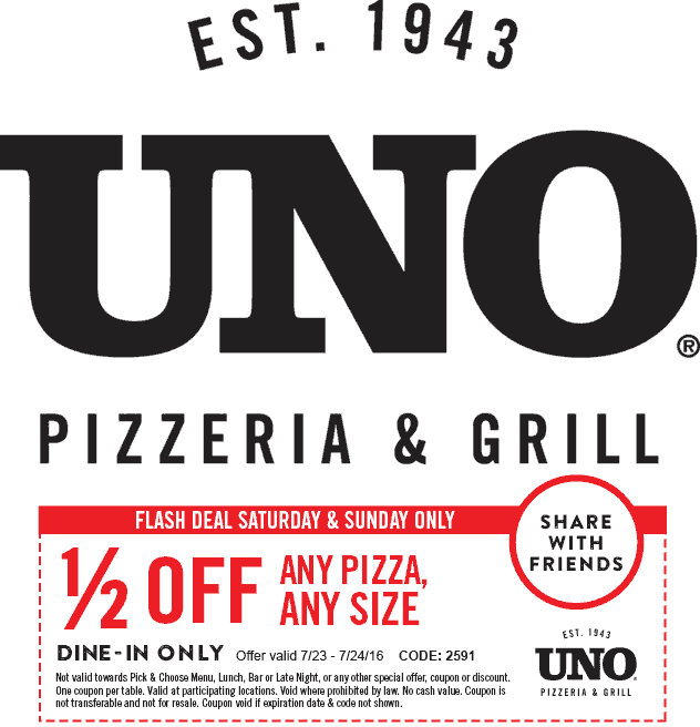 Uno Pizzeria Coupon April 2024 50% off pizzas this weekend at Uno pizzeria & grill