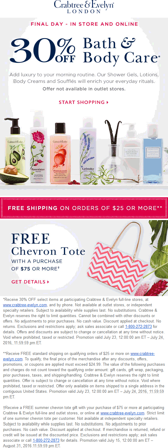 Crabtree & Evelyn Coupon April 2024 30% off bath & body today at Crabtree & Evelyn, ditto online
