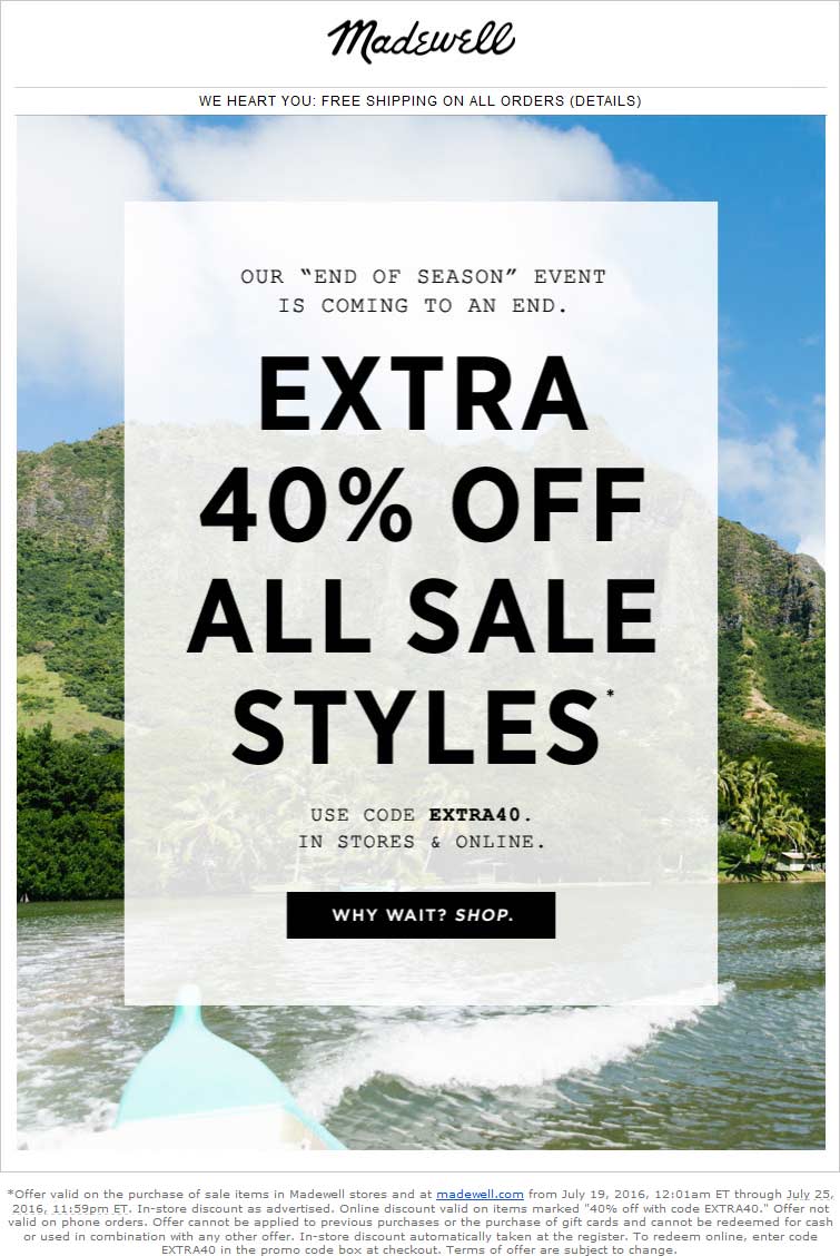 Madewell Coupon April 2024 Extra 40% off sale styles at Madewell, or online via promo code EXTRA40