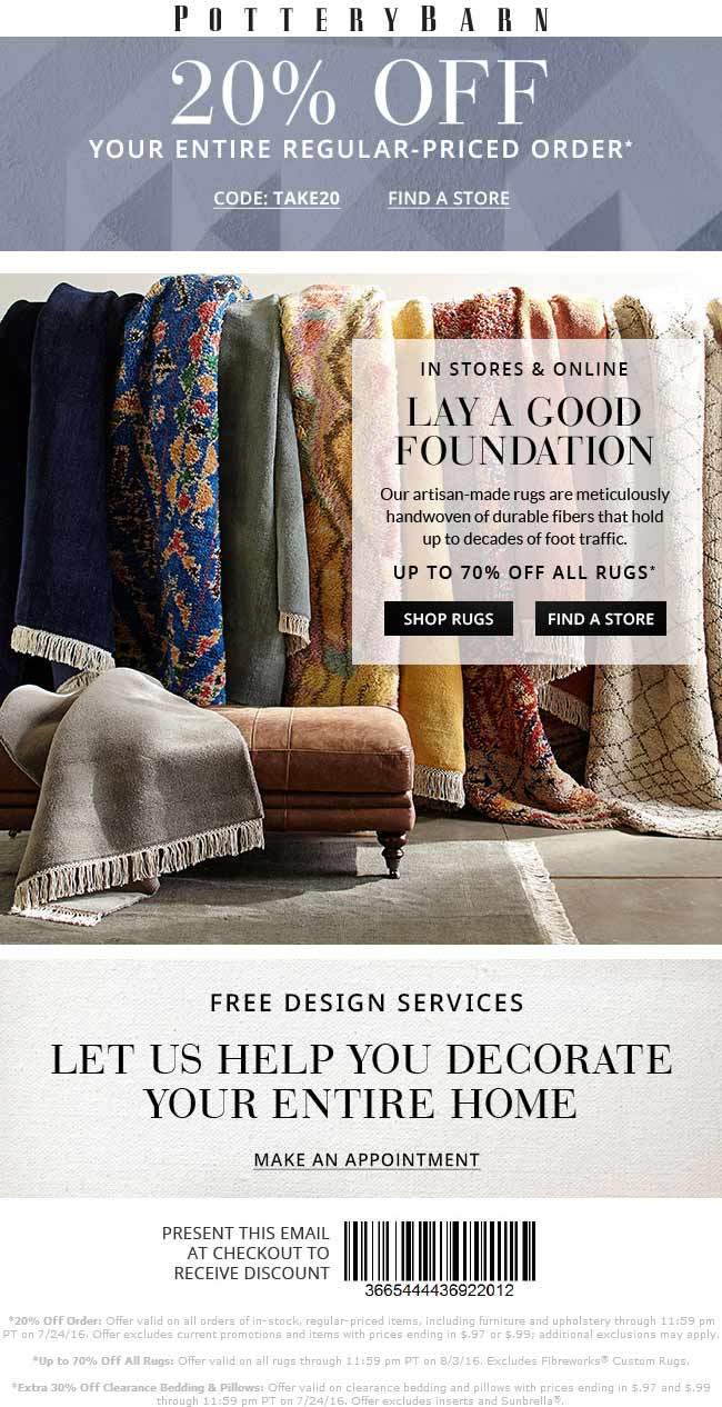 Pottery Barn Coupon March 2024 20% off today at Pottery Barn, or online via promo code TAKE20