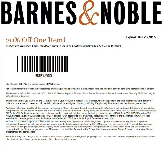 Barnes & Noble Coupon March 2024 20% off a single item at Barnes & Noble, or online via promo code BNWILD