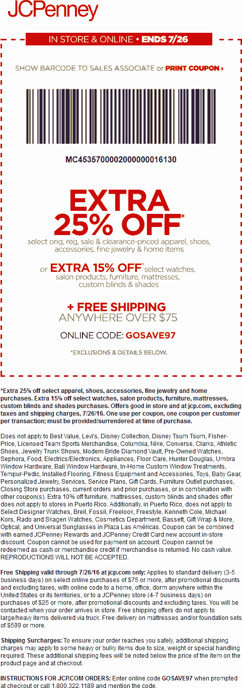 JCPenney Coupon April 2024 Extra 25% off at JCPenney, or online via promo code GOSAVE97